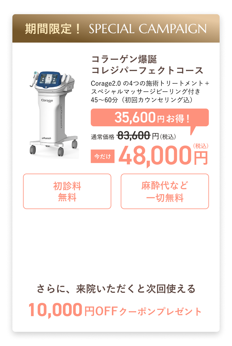 期間限定！ SPECIAL CAMPAIGN コラーゲン爆誕 コレジパーフェクトコース Corage2.0 の4つの施術トリートメント＋スペシャルマッサージピーリング付き 45〜60分（初回カウンセリング込） 35,600円お得！ 通常価格 83,600円（税込） 今だけ 48,000円（税込） 初診料無料 麻酔代など一切無料 さらに、来院いただくと次回使える 10,000円OFFクーポンプレゼント