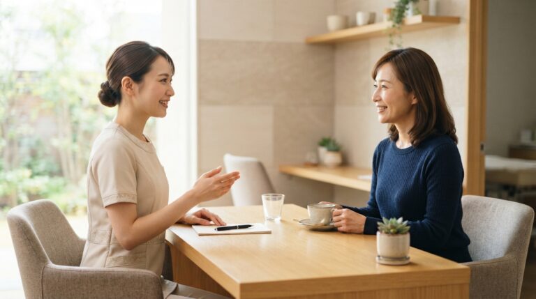 サプリメントの選び方について相談する日本人の女性と医療スタッフ
