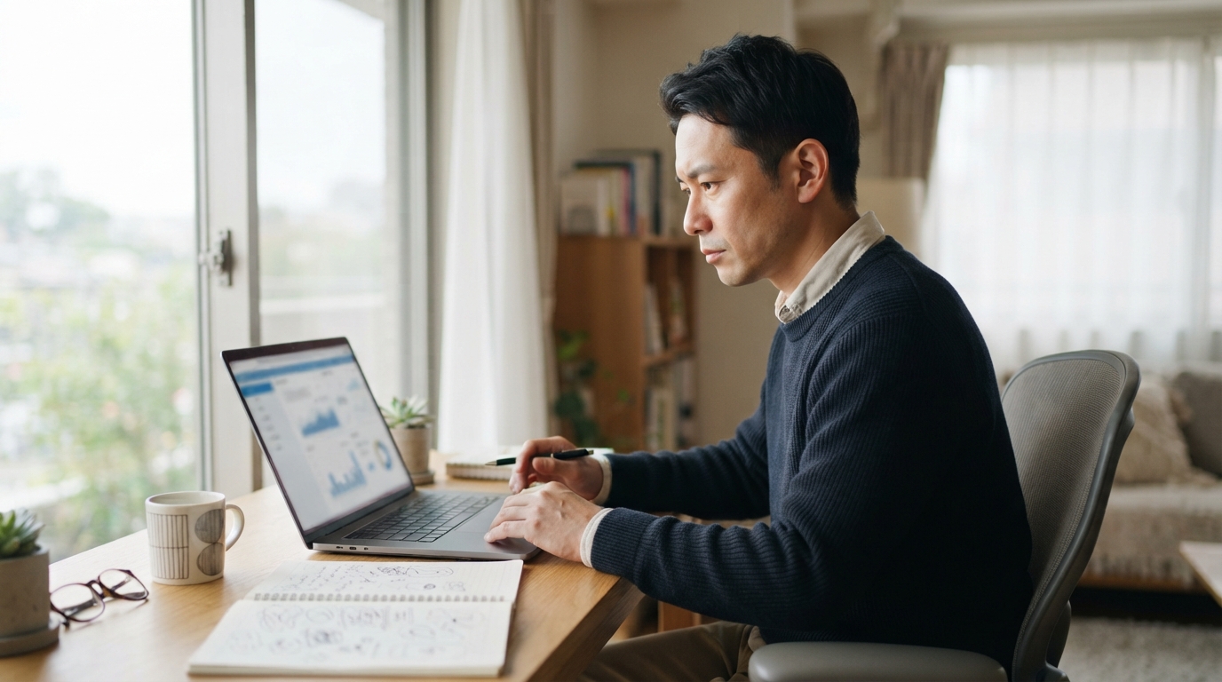 商品の情報を調べる日本人の男性