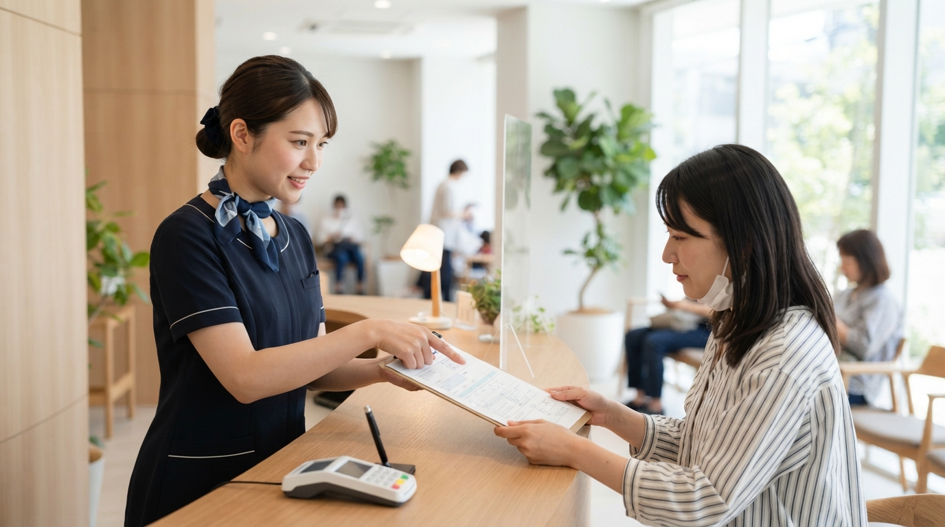 費用の説明を受ける日本人の患者と受付スタッフ