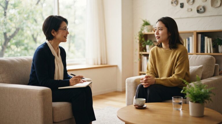 カウンセリングで相談する日本人の女性とカウンセラー