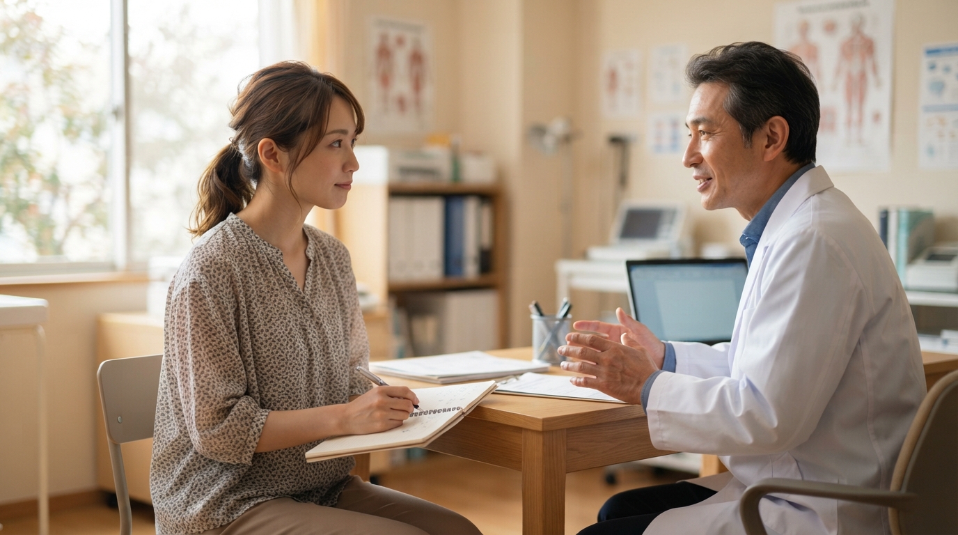 メモを取りながら説明を聞く日本人の女性