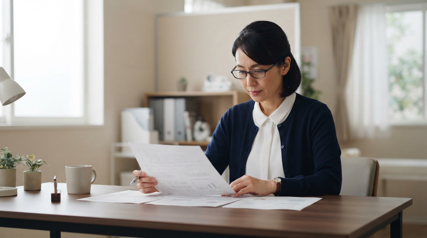 同意書の内容を確認する日本人の女性