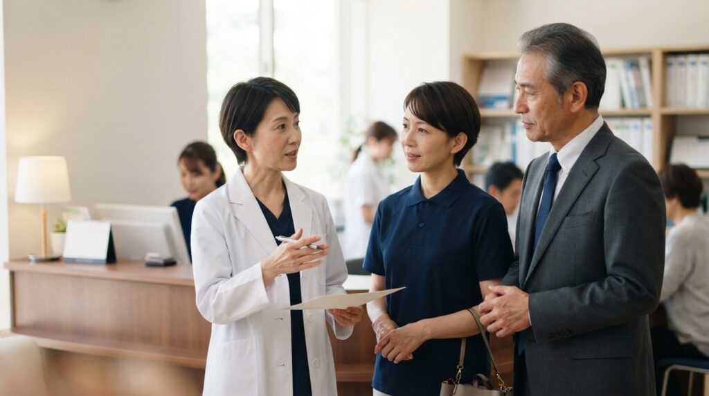 クリニックのカウンセリングで説明を受ける日本人の女性