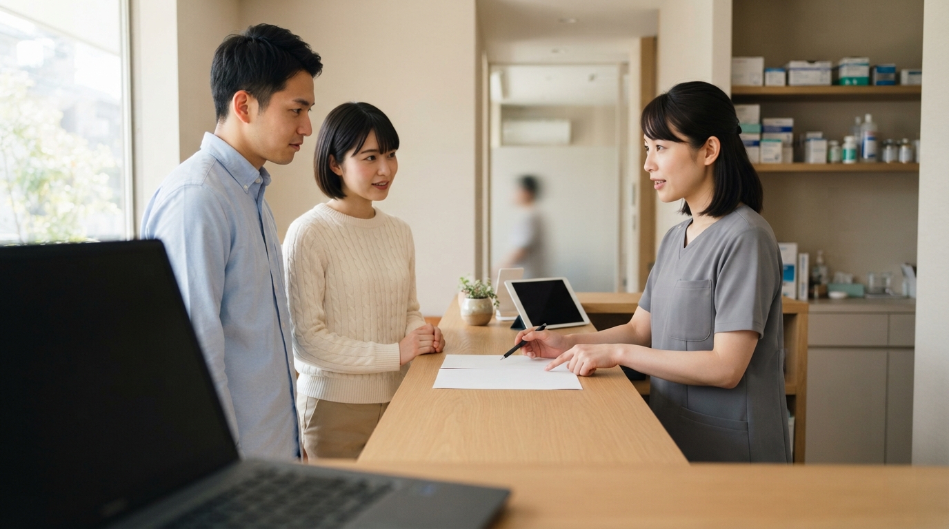 クリニックの受付で説明を受ける日本人の男性