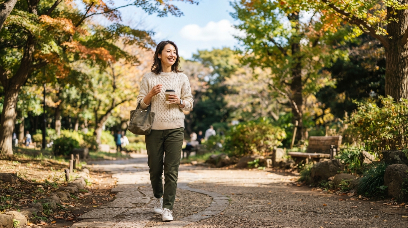 散歩で体を動かす日本人の男性
