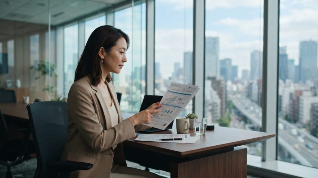 多忙な中で健康診断の結果を確認する日本人の経営者