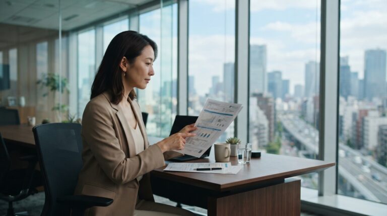多忙な中で健康診断の結果を確認する日本人の経営者